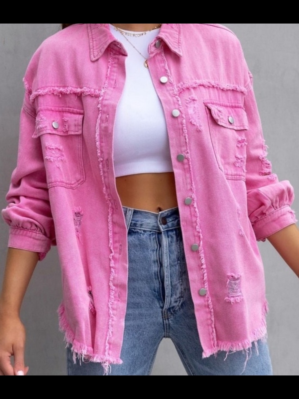 The Post Pink Distressed Oversized Denim Jacket